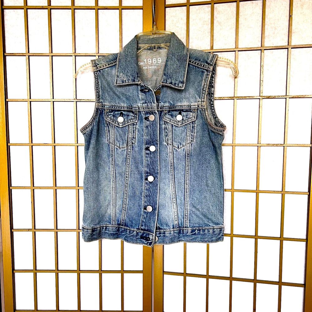 Gap 1969 distressed blue denim button-front vest.